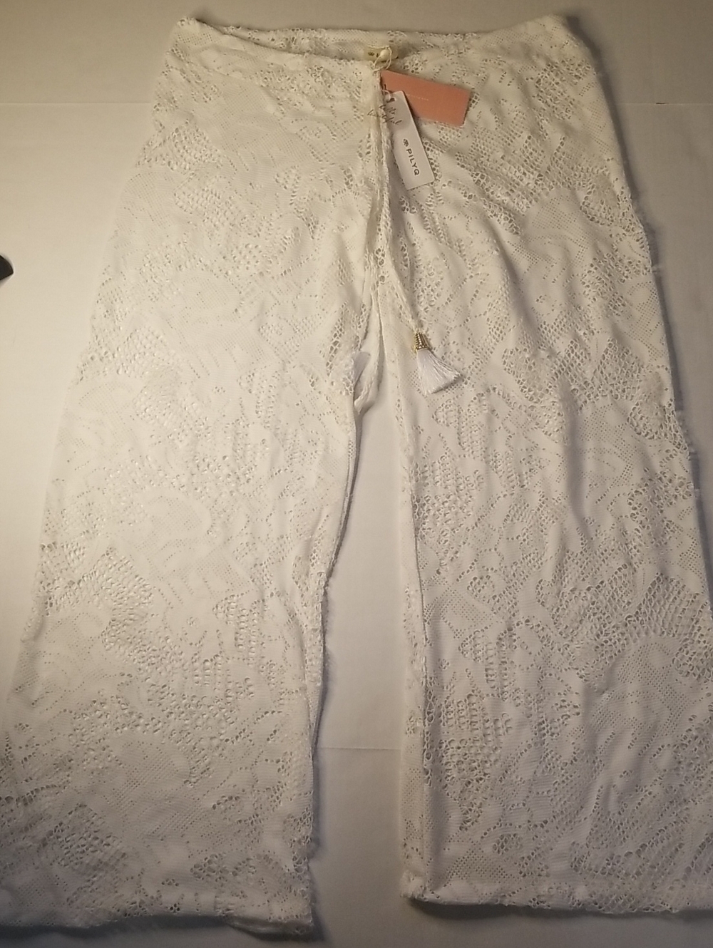Pilyq White Lace Wide-Leg Drawstring Pants For Swimming